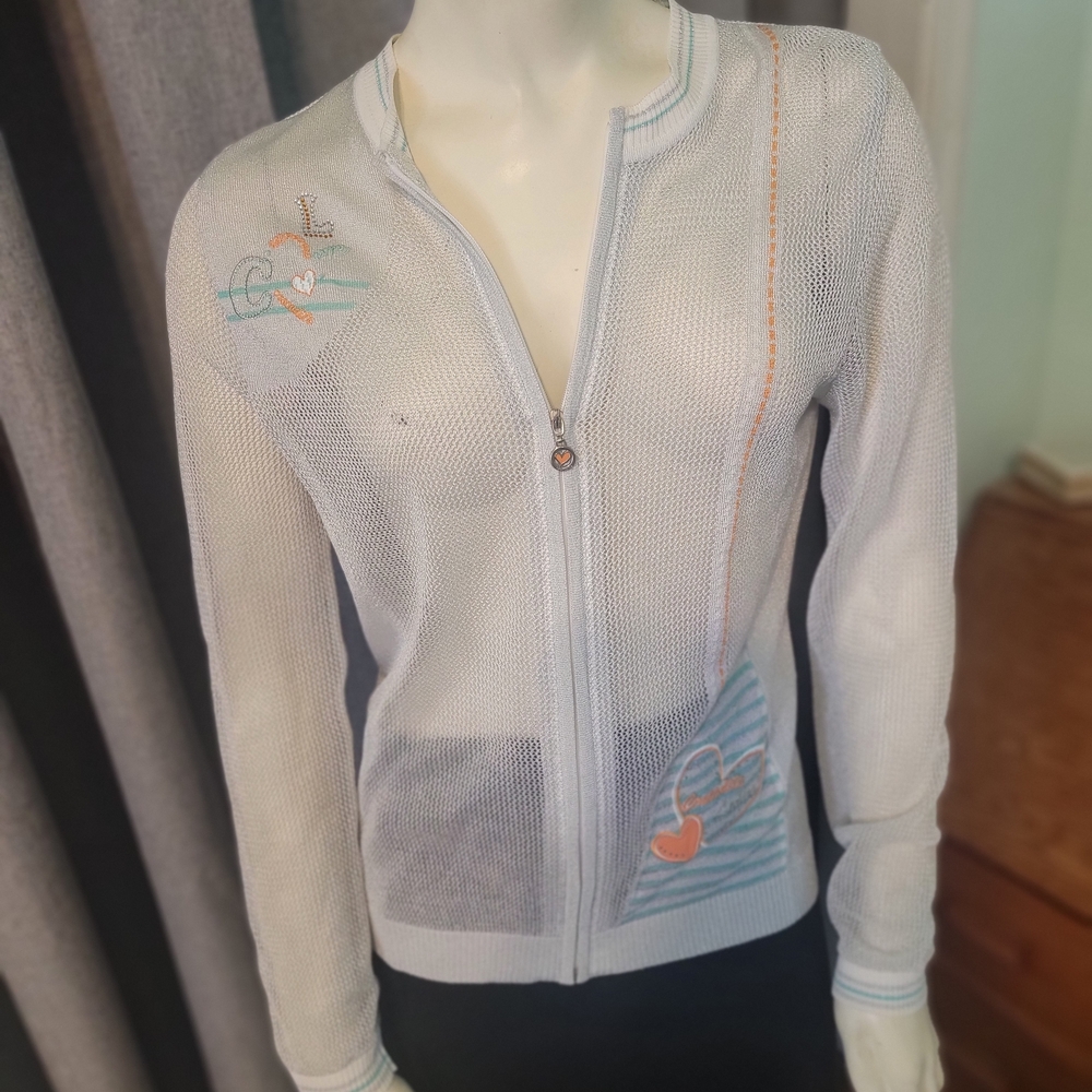 Y2K Open mesh metallic embroidered‎ zip up womens Sweater S/M